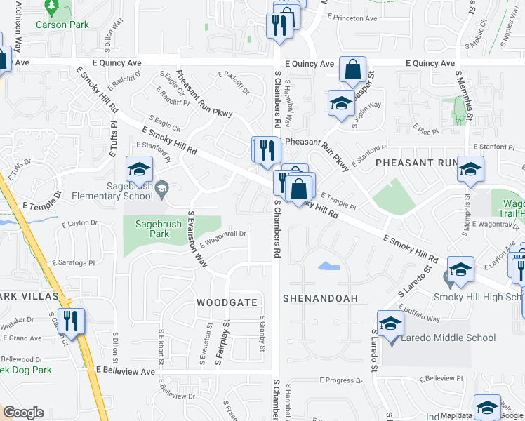 map of restaurants, bars, coffee shops, grocery stores, and more near 221 South Granby Way in Aurora