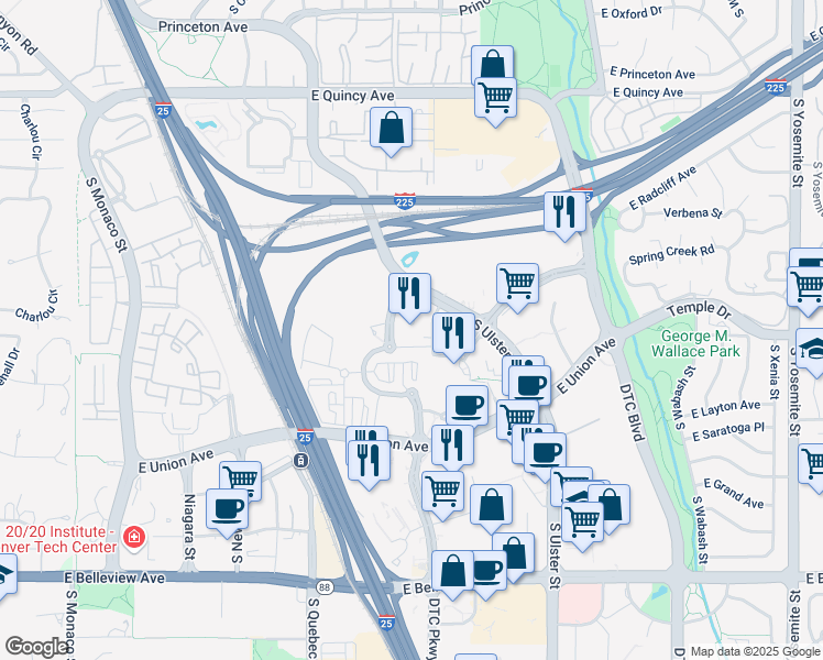 map of restaurants, bars, coffee shops, grocery stores, and more near 7604 East Technology Way in Denver