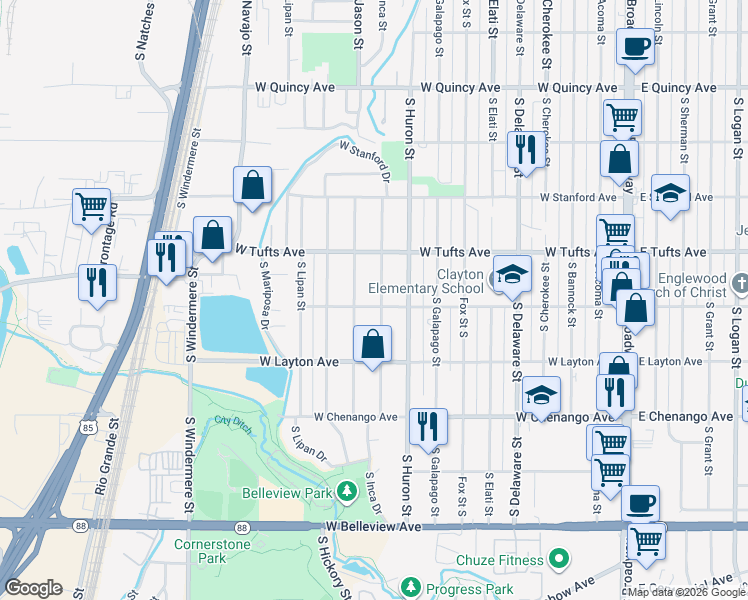 map of restaurants, bars, coffee shops, grocery stores, and more near 4695 South Inca Street in Englewood