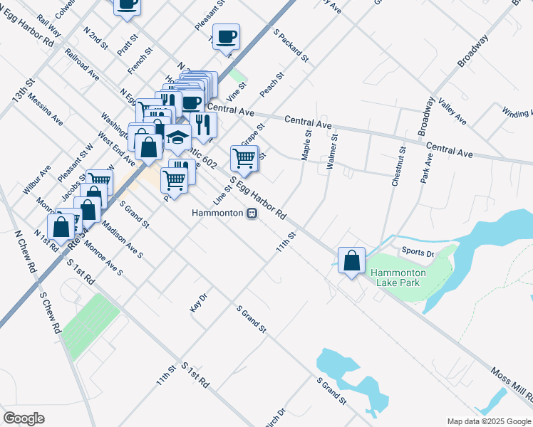 map of restaurants, bars, coffee shops, grocery stores, and more near 390 South Egg Harbor Road in Hammonton