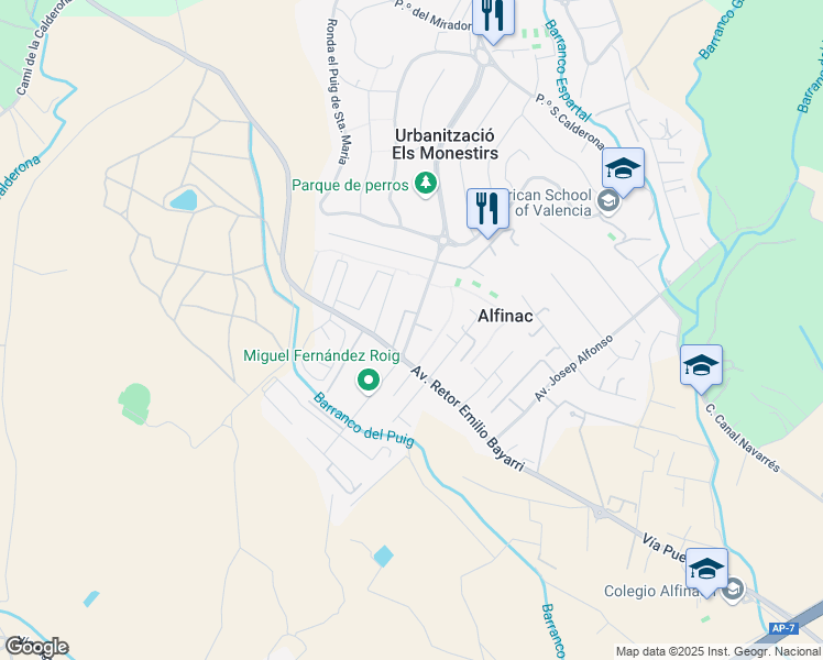 map of restaurants, bars, coffee shops, grocery stores, and more near 19 Carrer Camp de Morvedre in Alfinac