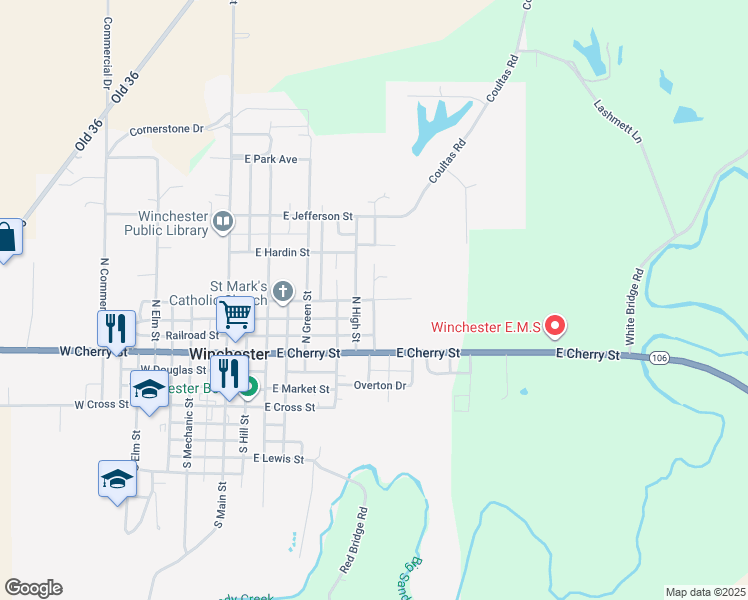 map of restaurants, bars, coffee shops, grocery stores, and more near 88 North Spring Street in Winchester