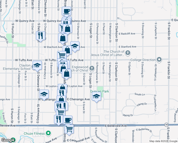 map of restaurants, bars, coffee shops, grocery stores, and more near 4685 South Logan Street in Englewood