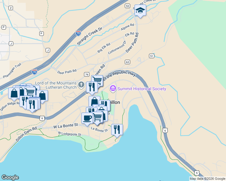 map of restaurants, bars, coffee shops, grocery stores, and more near 415 La Bonte Street in Dillon