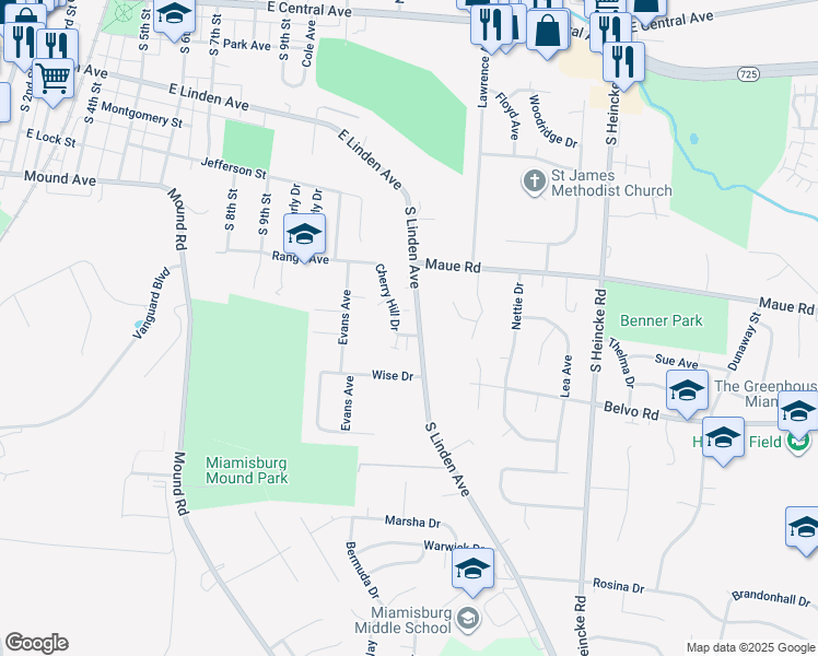 map of restaurants, bars, coffee shops, grocery stores, and more near 1331 Cherry Hill Drive in Miamisburg