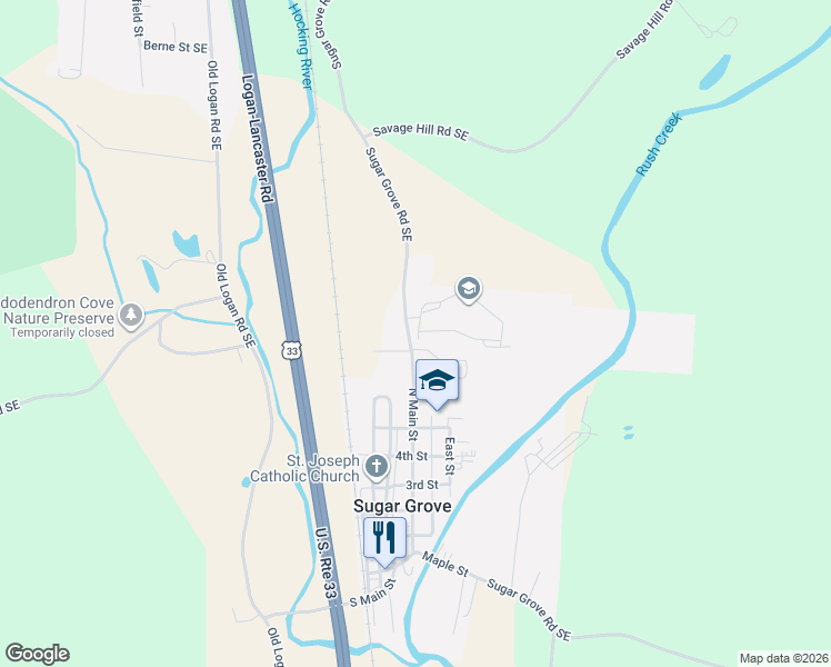 map of restaurants, bars, coffee shops, grocery stores, and more near 6200 Sugar Grove Road Southeast in Sugar Grove