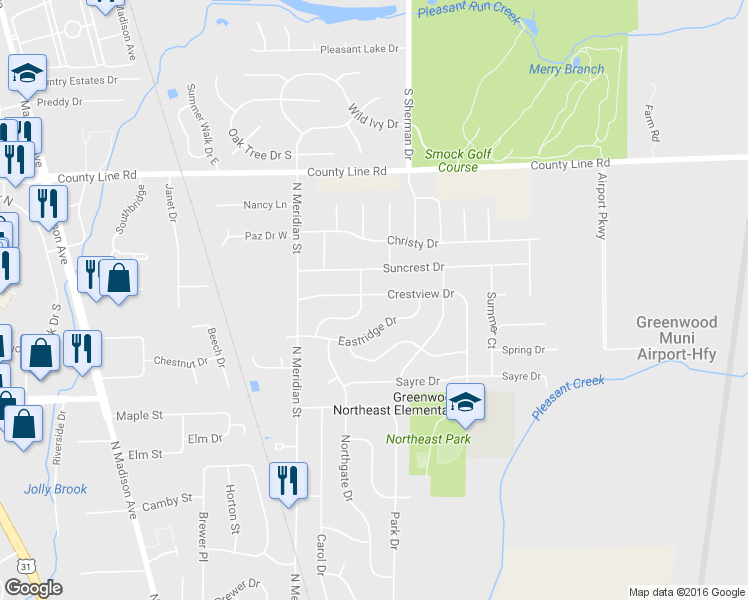 map of restaurants, bars, coffee shops, grocery stores, and more near 26 Crestview Drive in Greenwood