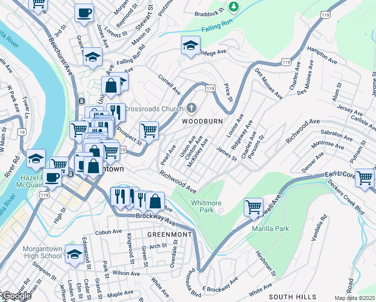 map of restaurants, bars, coffee shops, grocery stores, and more near 700 Union Avenue in Morgantown