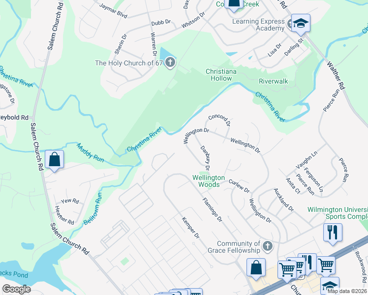 map of restaurants, bars, coffee shops, grocery stores, and more near 23 Wellington Drive in Newark