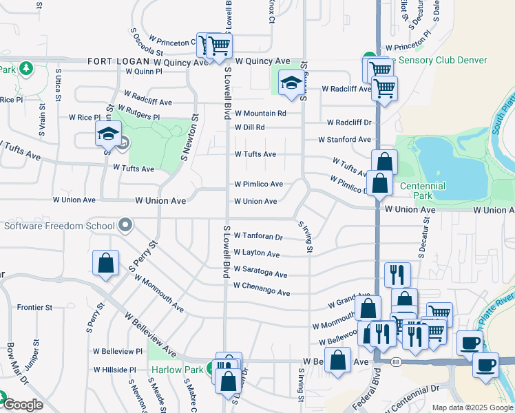 map of restaurants, bars, coffee shops, grocery stores, and more near 3530 West Union Avenue in Englewood