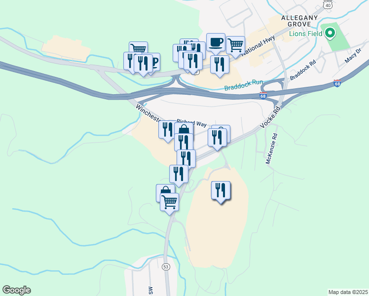 map of restaurants, bars, coffee shops, grocery stores, and more near 12101 Winchester Road in Cumberland
