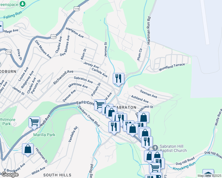 map of restaurants, bars, coffee shops, grocery stores, and more near 1352 Richwood Avenue in Morgantown