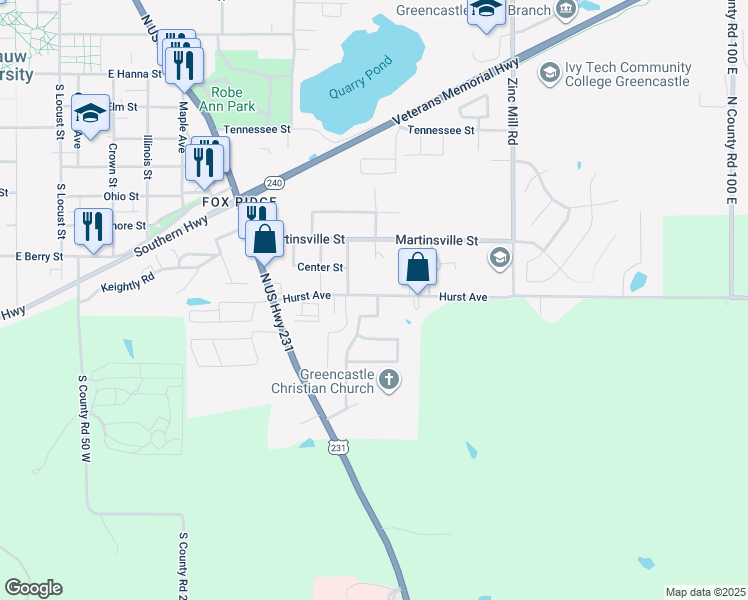 map of restaurants, bars, coffee shops, grocery stores, and more near 25 South Street in Greencastle