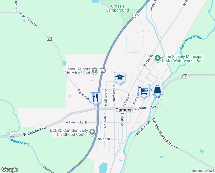 map of restaurants, bars, coffee shops, grocery stores, and more near 132 North Liberty Street in Camden