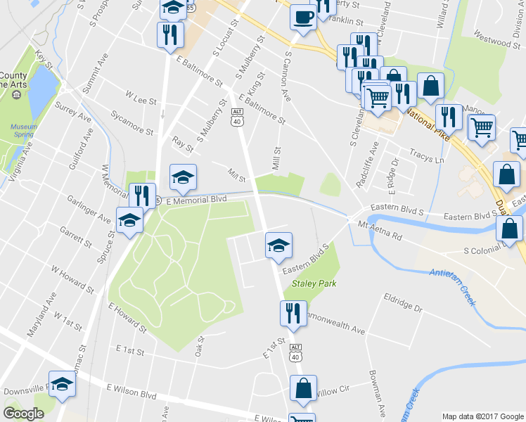 map of restaurants, bars, coffee shops, grocery stores, and more near 524 U.S. 40 Alternate in Hagerstown