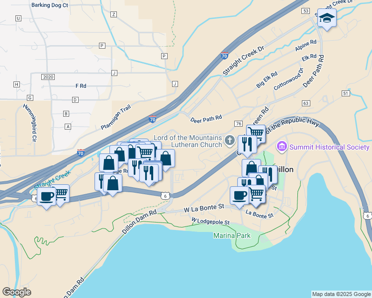 map of restaurants, bars, coffee shops, grocery stores, and more near 252 Piney Acres Circle in Dillon