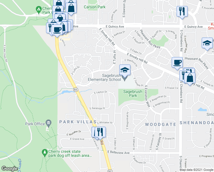 map of restaurants, bars, coffee shops, grocery stores, and more near 4673 South Crystal Way in Aurora