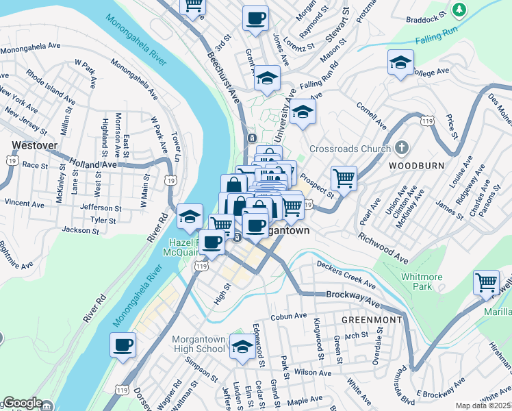 map of restaurants, bars, coffee shops, grocery stores, and more near 145 Fayette Street in Morgantown
