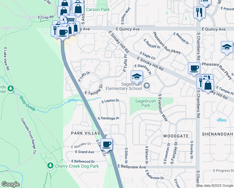 map of restaurants, bars, coffee shops, grocery stores, and more near 4673 South Crystal Way in Aurora