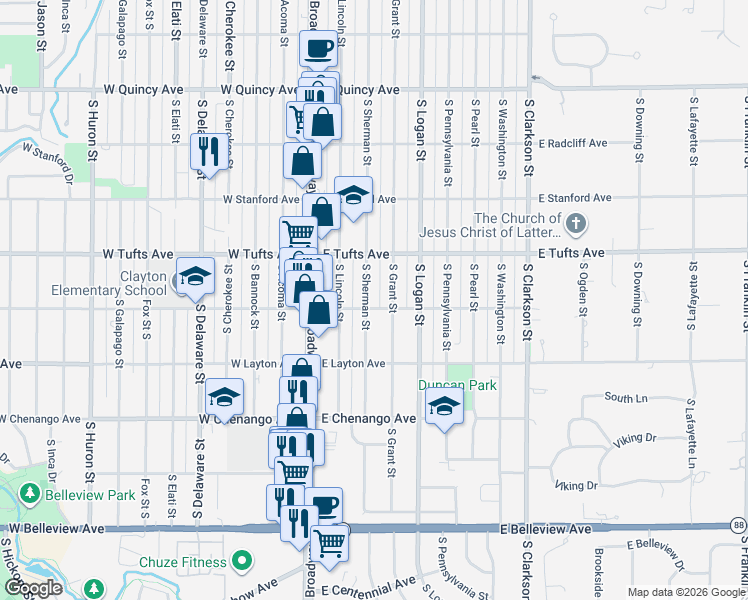 map of restaurants, bars, coffee shops, grocery stores, and more near 4696 South Sherman Street in Englewood