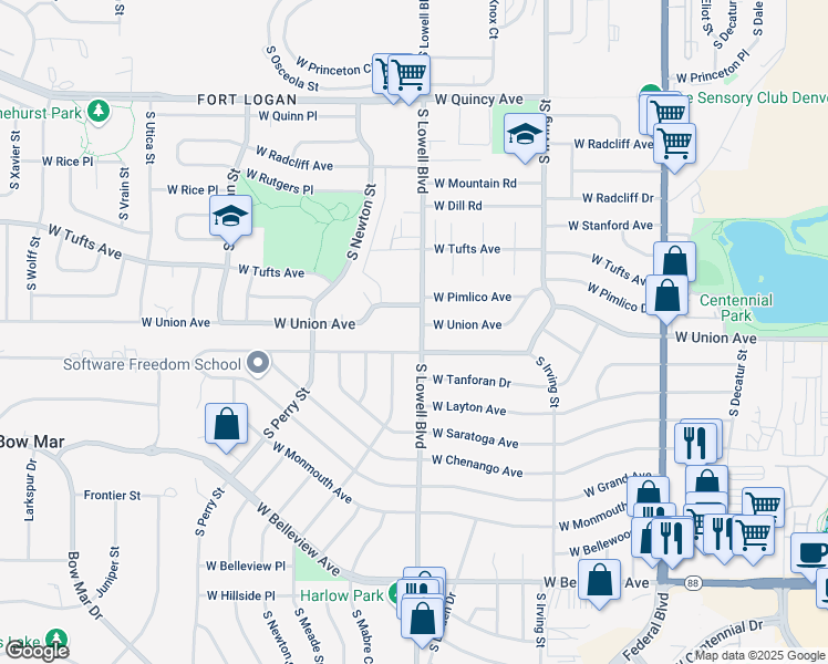 map of restaurants, bars, coffee shops, grocery stores, and more near 3590 West Union Avenue in Englewood