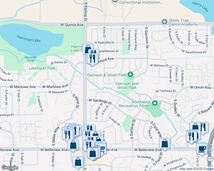 map of restaurants, bars, coffee shops, grocery stores, and more near 9700 West Union Avenue in Littleton