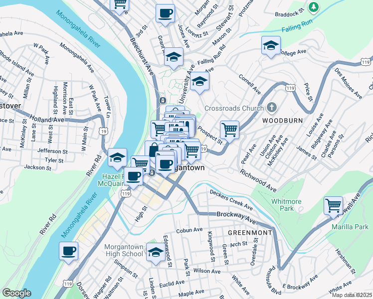 map of restaurants, bars, coffee shops, grocery stores, and more near 442 High Street in Morgantown