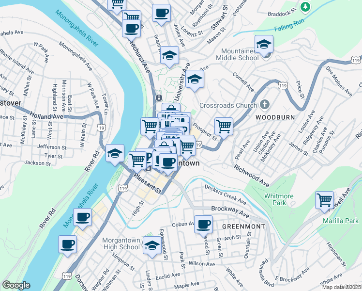 map of restaurants, bars, coffee shops, grocery stores, and more near 442 High Street in Morgantown