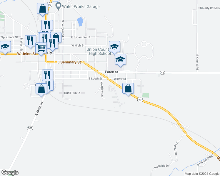 map of restaurants, bars, coffee shops, grocery stores, and more near 400 South Independence Lane in Liberty