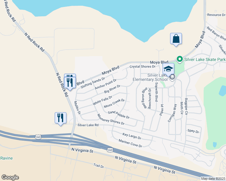 map of restaurants, bars, coffee shops, grocery stores, and more near 8010 Big River Drive in Reno