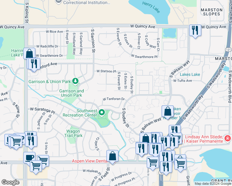 map of restaurants, bars, coffee shops, grocery stores, and more near 8934 West Union Avenue in Littleton