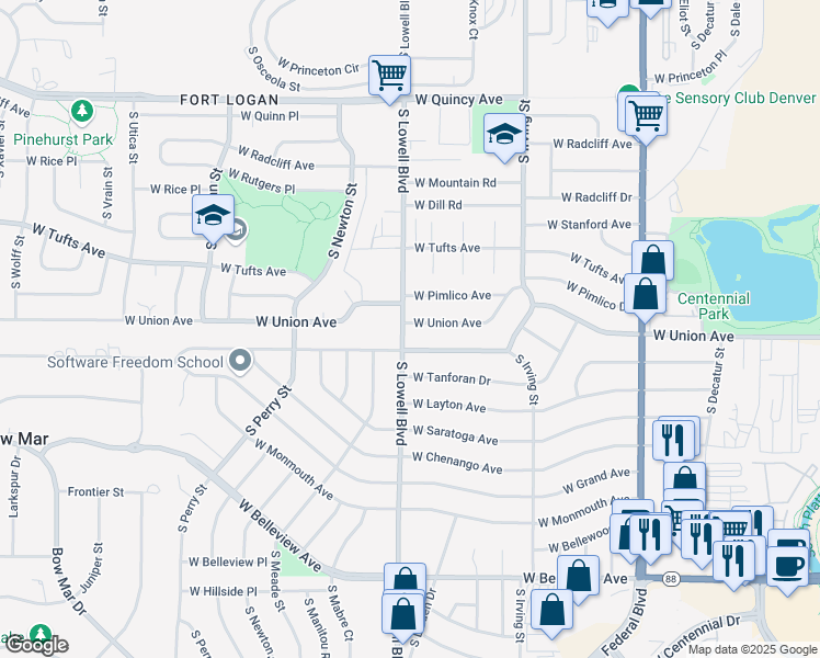 map of restaurants, bars, coffee shops, grocery stores, and more near 3590 West Union Avenue in Englewood