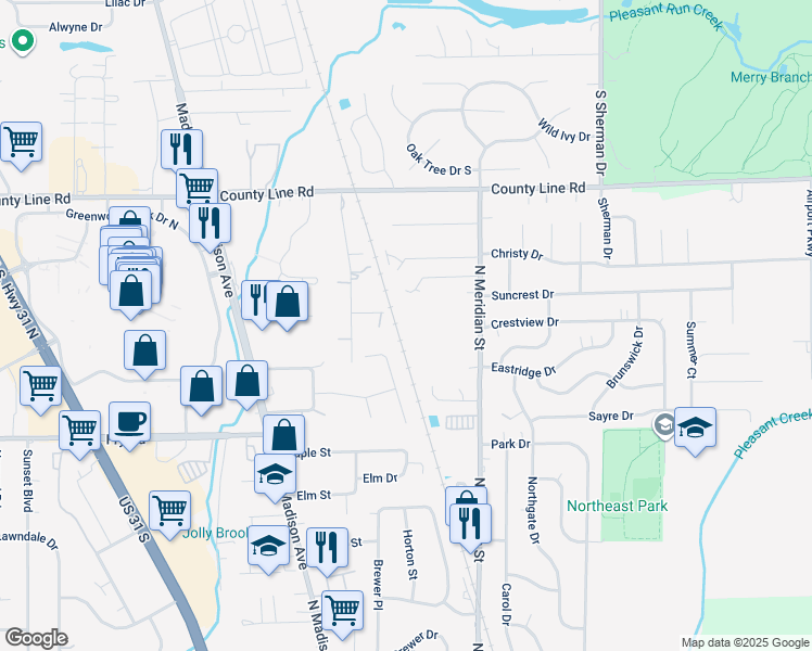 map of restaurants, bars, coffee shops, grocery stores, and more near 1084 Greenwood Trail West Drive in Greenwood