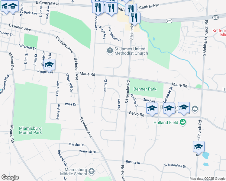 map of restaurants, bars, coffee shops, grocery stores, and more near 802 Lea Avenue in Miamisburg