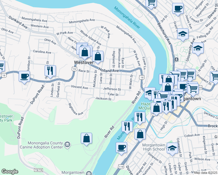 map of restaurants, bars, coffee shops, grocery stores, and more near in Westover