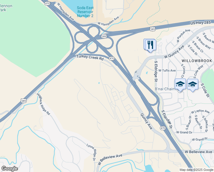 map of restaurants, bars, coffee shops, grocery stores, and more near Turkey Creek Rd in Morrison