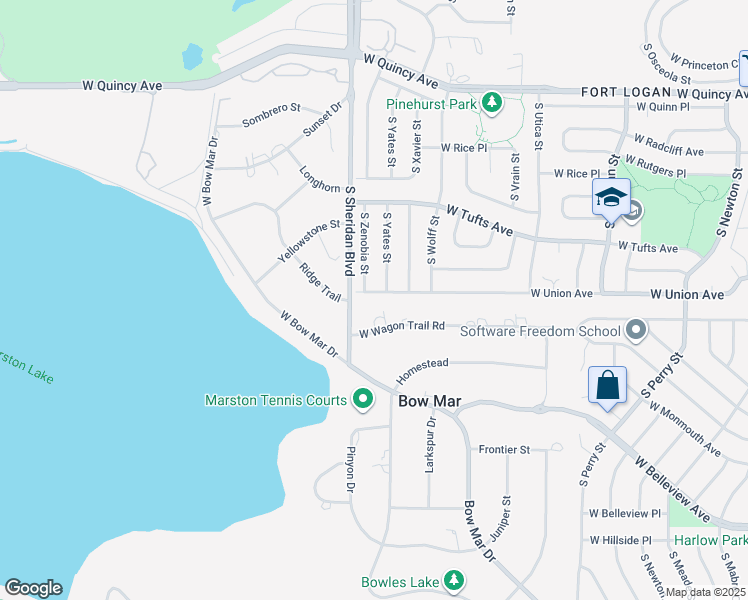 map of restaurants, bars, coffee shops, grocery stores, and more near 5052 West Union Avenue in Denver