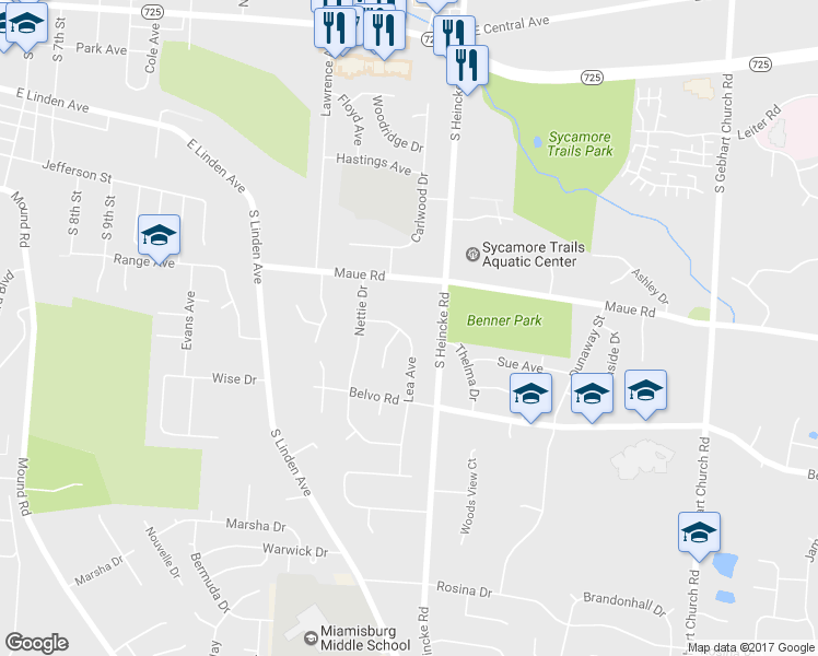 map of restaurants, bars, coffee shops, grocery stores, and more near 802 Lea Avenue in Miamisburg