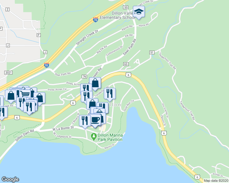 map of restaurants, bars, coffee shops, grocery stores, and more near 420 La Bonte Street in Dillon