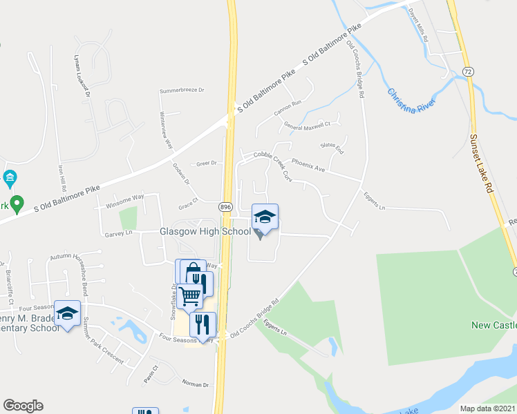 map of restaurants, bars, coffee shops, grocery stores, and more near 507 Cobble Creek Curve in Newark