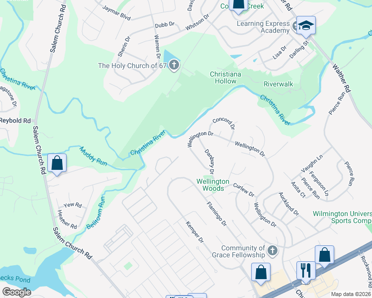 map of restaurants, bars, coffee shops, grocery stores, and more near 23 Wellington Drive in Newark
