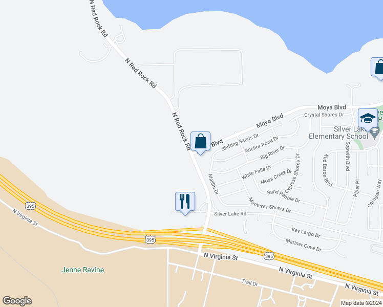 map of restaurants, bars, coffee shops, grocery stores, and more near 8701 North Red Rock Road in Reno