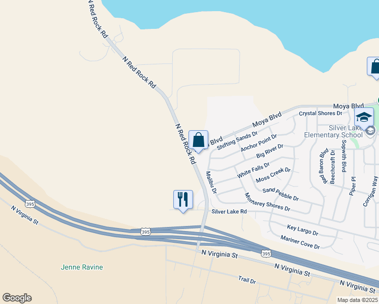 map of restaurants, bars, coffee shops, grocery stores, and more near N Red Rock Rd & Moya Blvd in Reno