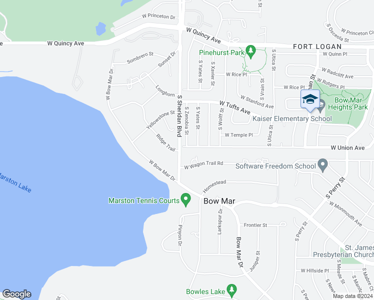 map of restaurants, bars, coffee shops, grocery stores, and more near 5102 West Union Avenue in Denver