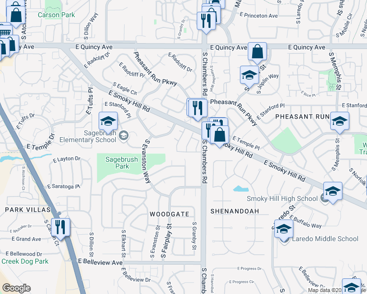 map of restaurants, bars, coffee shops, grocery stores, and more near 4692 South Fraser Circle in Aurora