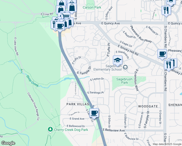 map of restaurants, bars, coffee shops, grocery stores, and more near 14110 East Temple Drive in Aurora