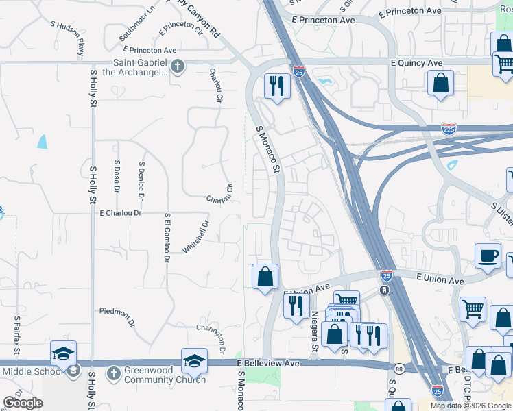 map of restaurants, bars, coffee shops, grocery stores, and more near 4545 South Monaco Street in Denver