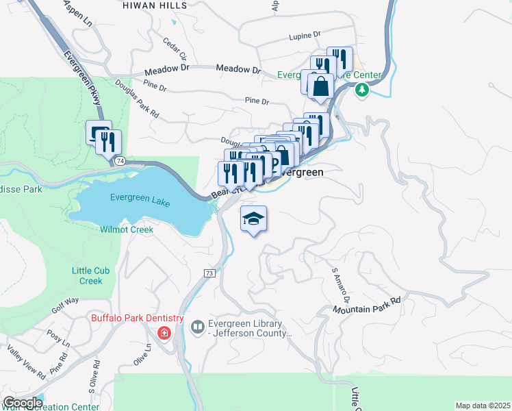 map of restaurants, bars, coffee shops, grocery stores, and more near 4632 Plettner Lane in Evergreen