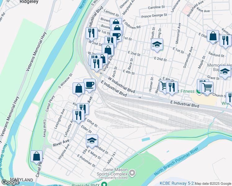 map of restaurants, bars, coffee shops, grocery stores, and more near 207 East Industrial Boulevard in Cumberland