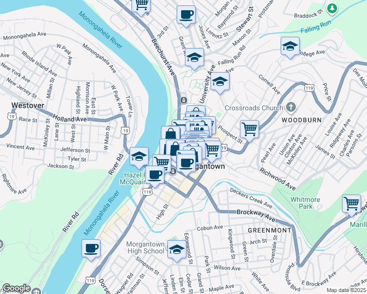 map of restaurants, bars, coffee shops, grocery stores, and more near 145 Fayette Street in Morgantown
